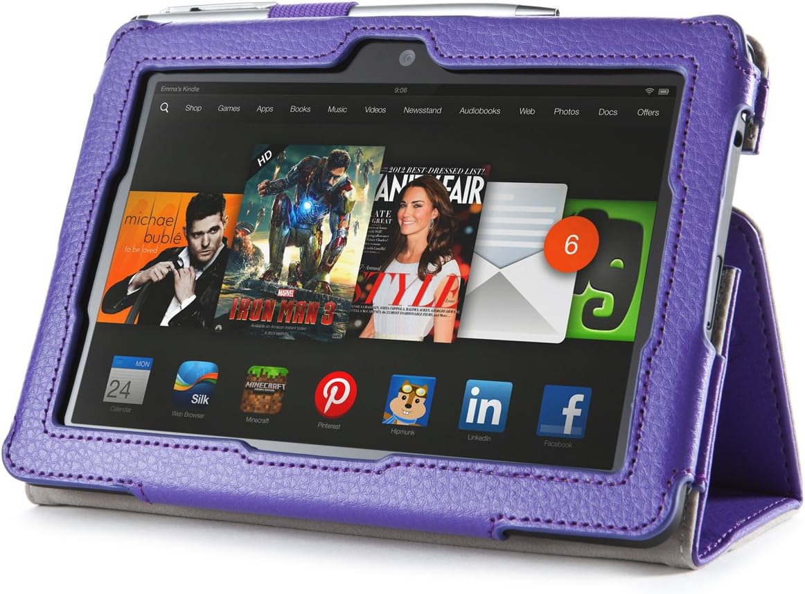 i-BLASON Kindle Fire HDX 8.9 inch Tablet Leather Case Cover / Elastic Hand Strap / Stylus / ID Holder (Not Compatible with Kindle Fire HD 8.9 2012) 3 Year Warranty (Purple)