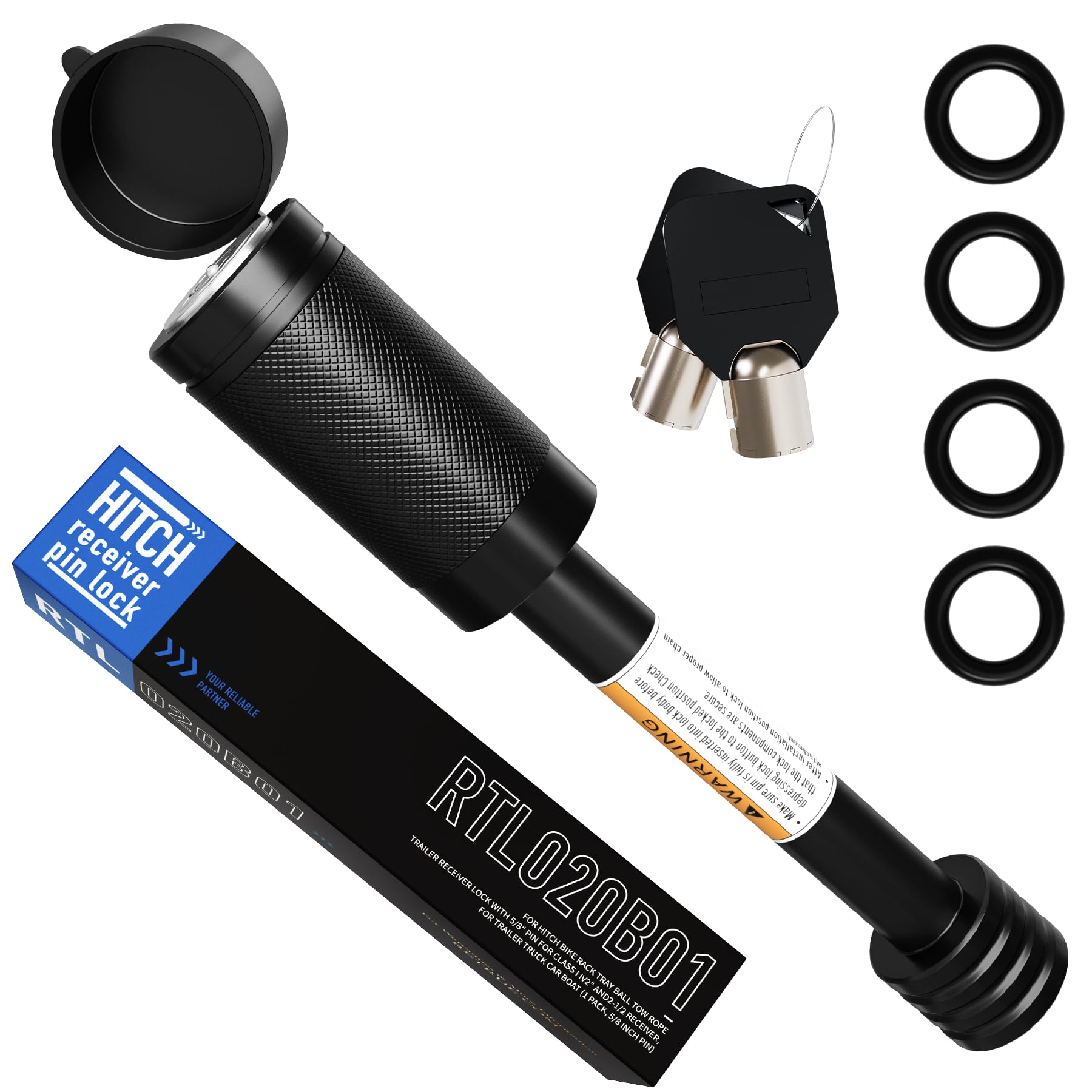 RETRUE Trailer Hitch Locks, 5/8" Locking Hitch Pin for 2" and 2 1/2" Receiver Class III IV Hitch, Tow Hitch Pin Lock Dia 3-1/2” Long Pin with O-Rings Weatherproof Caps for Trailer Truck Car Boat