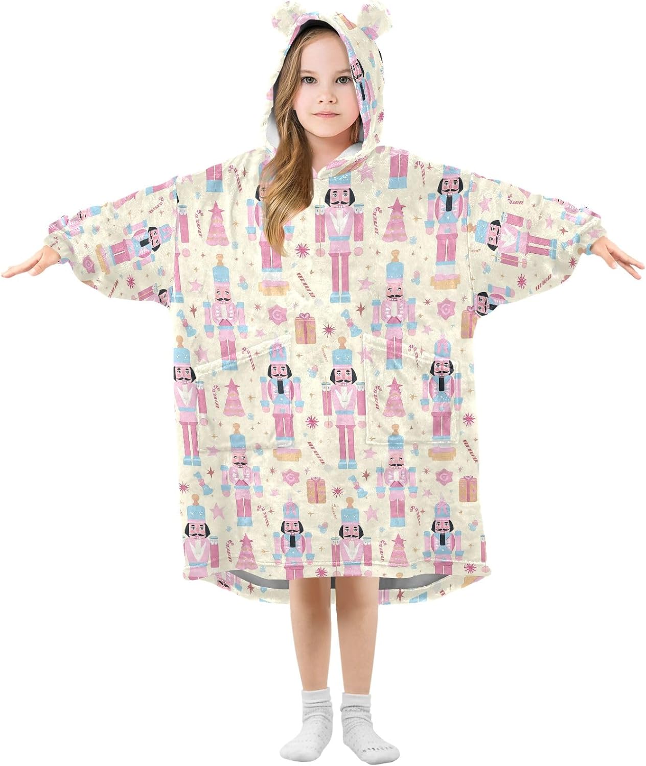 Bolaz Nutcracker Pink Wearable Blanket Hoodie for Kids with Pockets Comfy Cozy Sweatshirt Flannel
