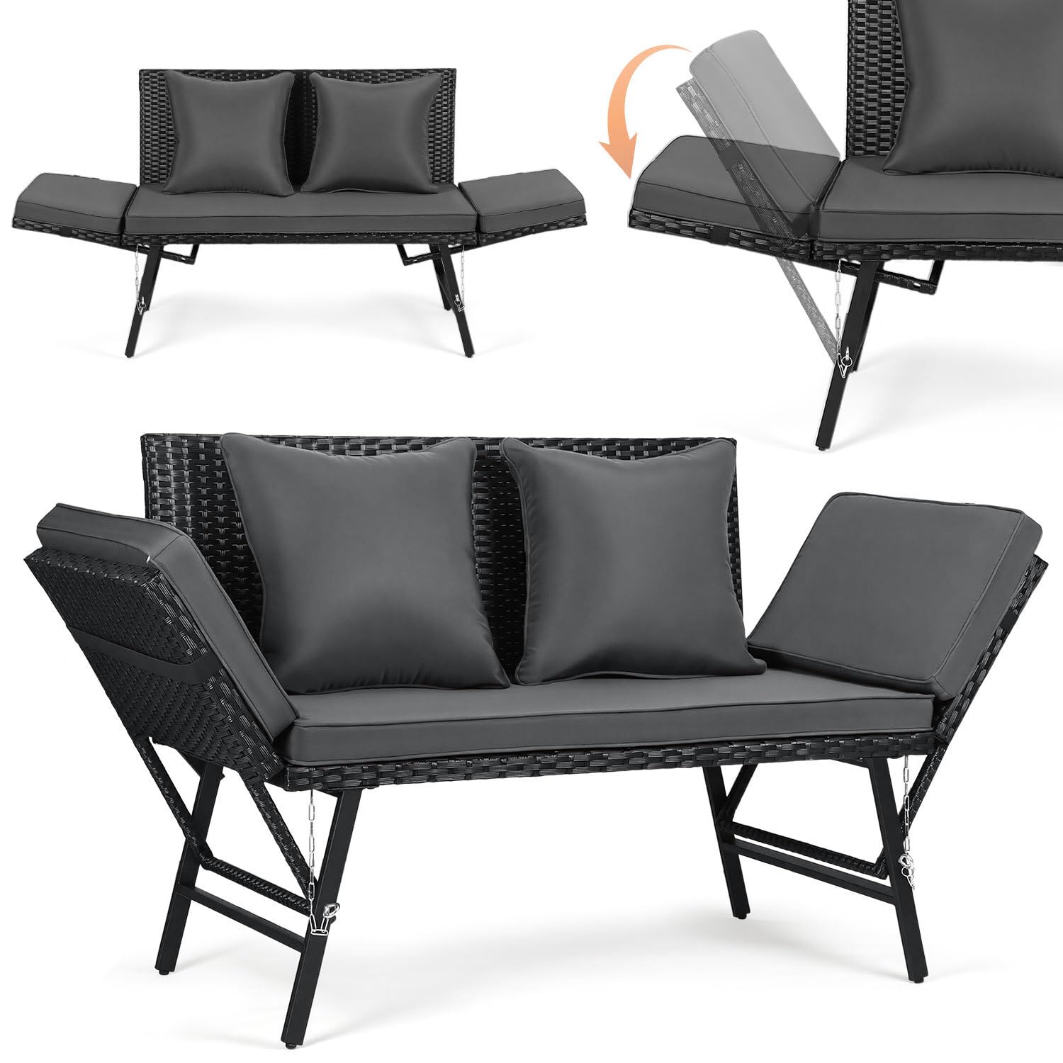 Panchina da giardino in polyrattan 3 in 1 con funzione sdraio, divano da balcone a 2 posti, pieghevole, braccioli pieghevoli, rivestimenti rimovibili, mobili da salotto per giardino, balcone