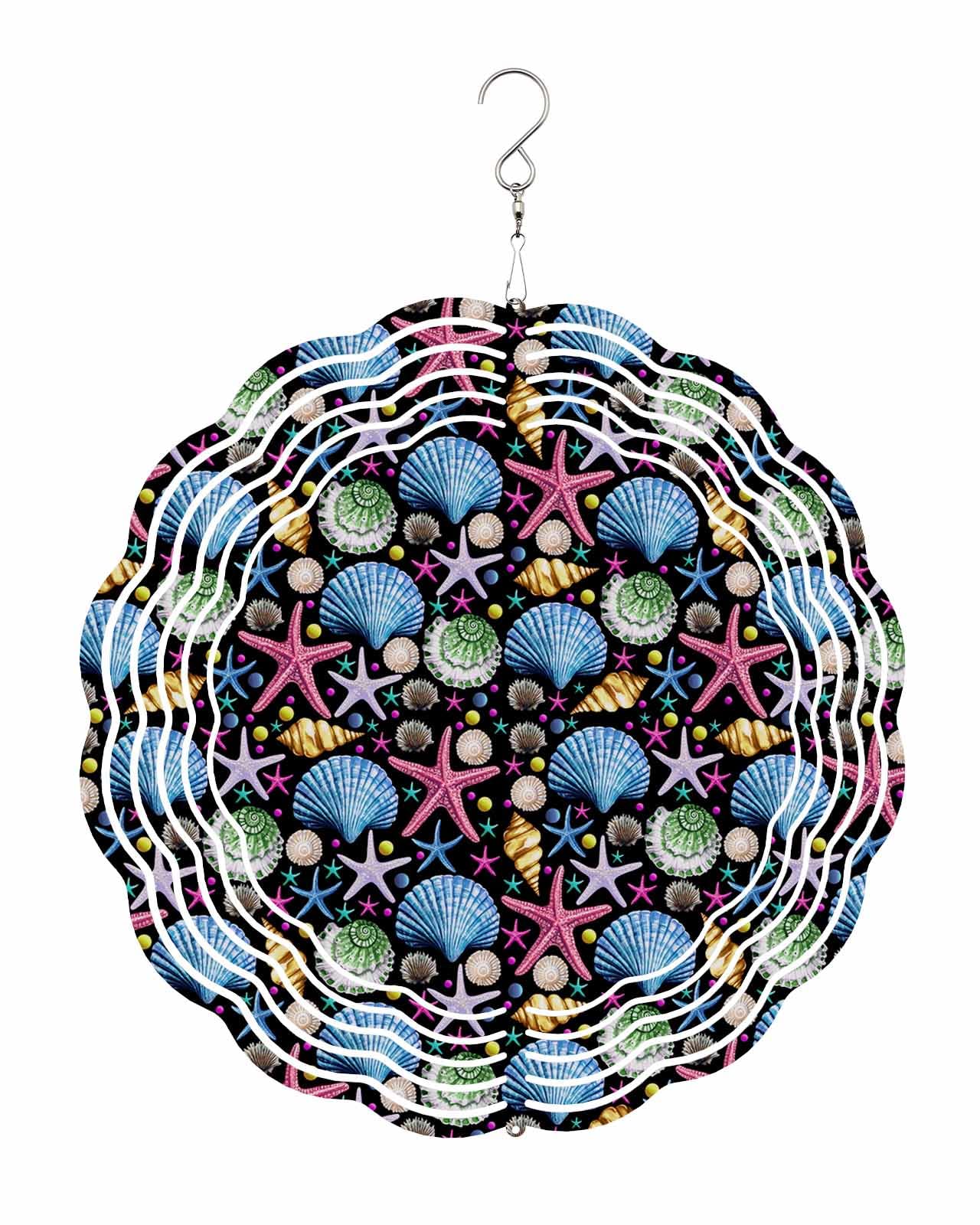 Ocean Wind Spinners, Sea Shell Conch Starfish Black Hanging Wind Spinners for Yard and Garden 3D Stainless Steel Metal Sculptures Crafts Ornaments 12 Inch