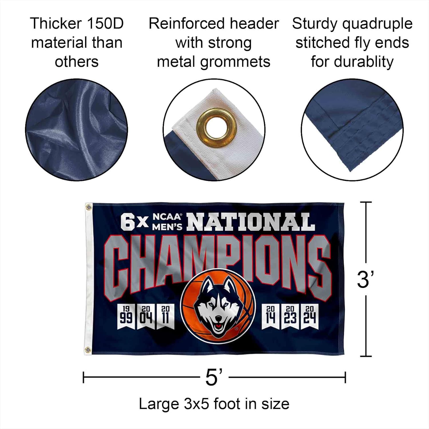 College Flags & Banners Co. Connecticut Huskies 6X Time Basketball National Champions Banner Flag