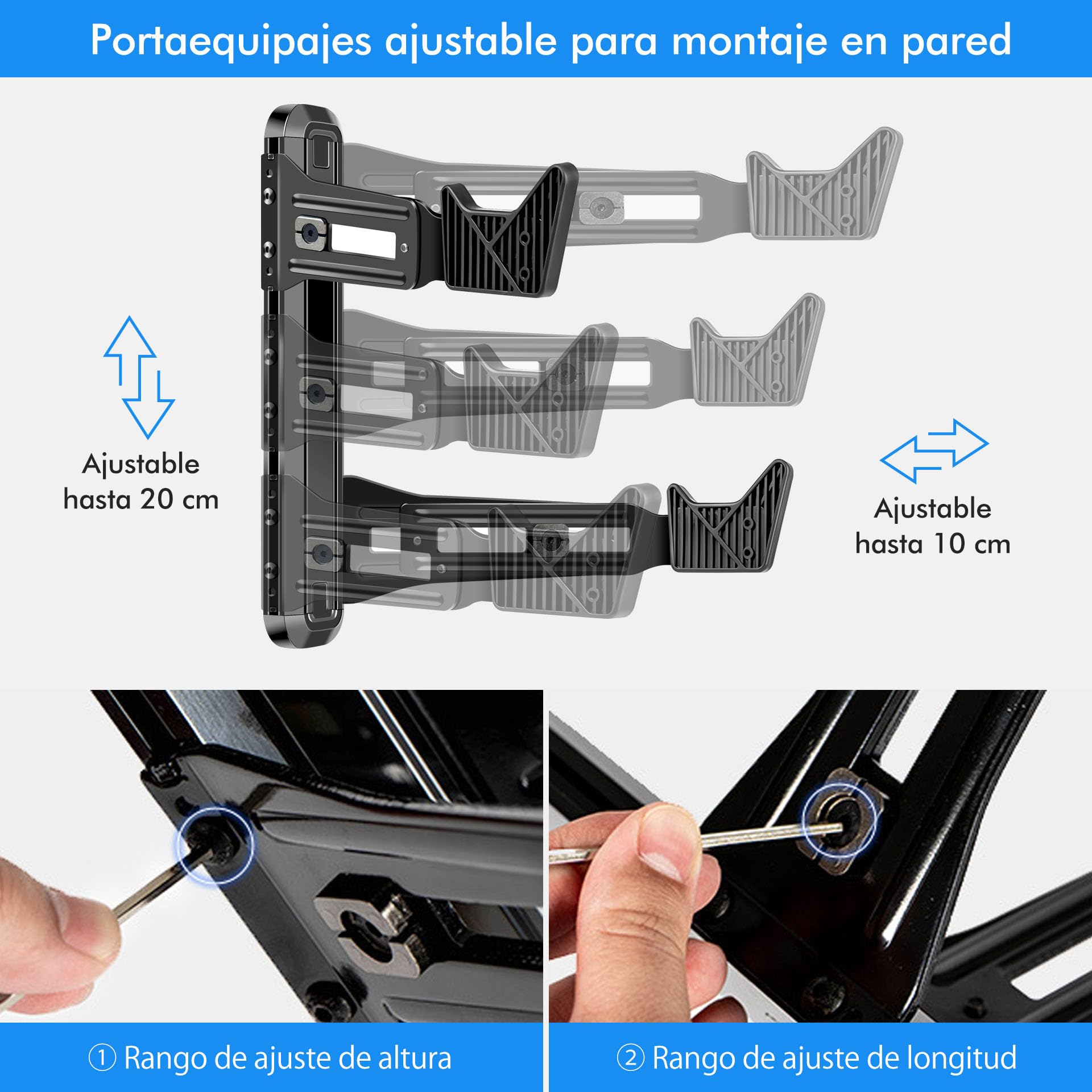 Mimoke Soporte de pared para bicicleta, aleación de aluminio, soporta hasta 40 kg, distancia a la pared ajustable de 18,5 a 28 cm, gancho en V de goma de 7,2 cm, para MTB, bicicleta de carretera