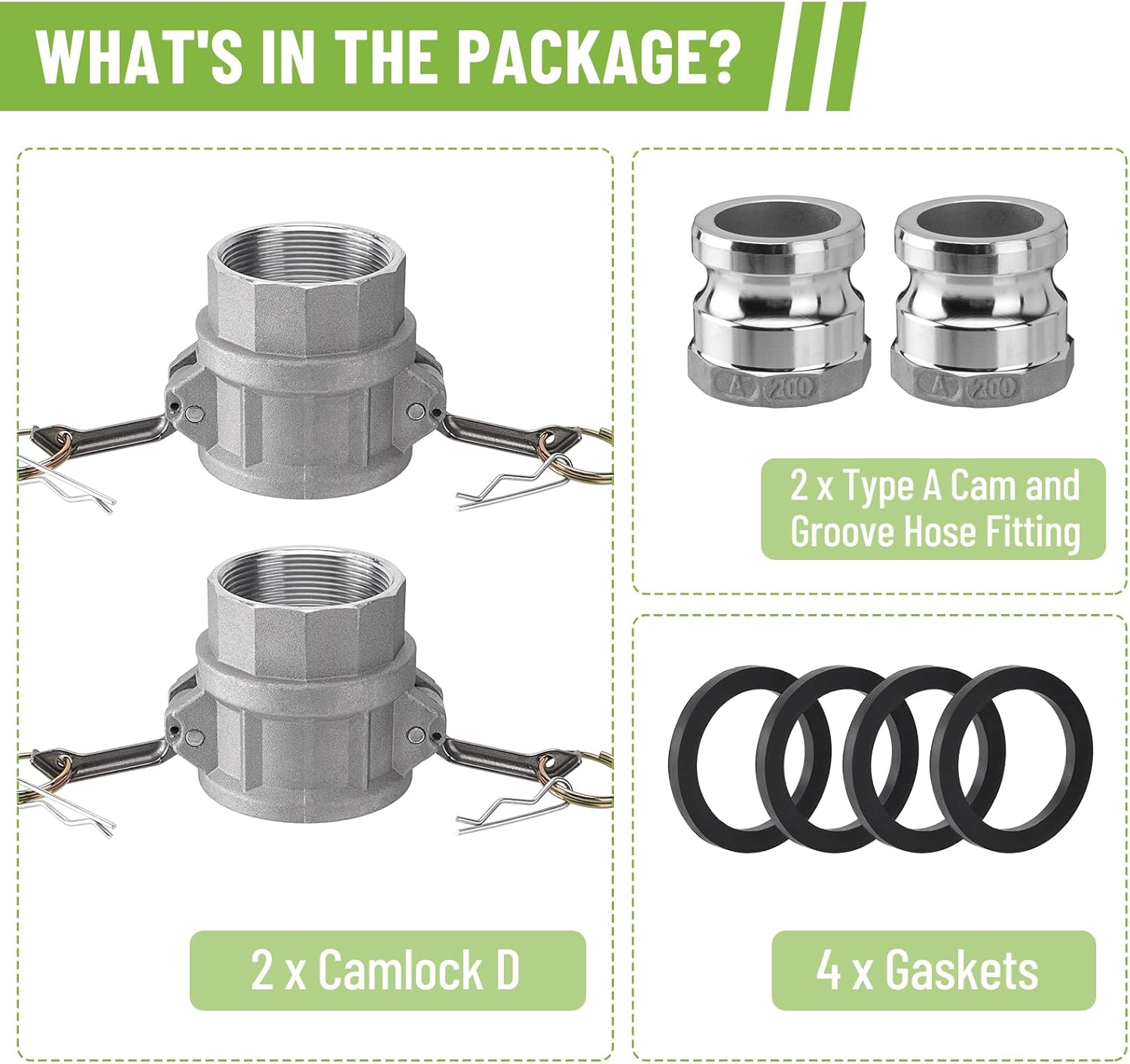 SPARKWHIZ 2 PCS Aluminum Camlock (2" part D) Cam & Groove Hose Fittings+2 PCS Aluminum Global Type A Cam and Groove Hose Fitting+with 4 PCS Camlock Gasket Fitting (2")