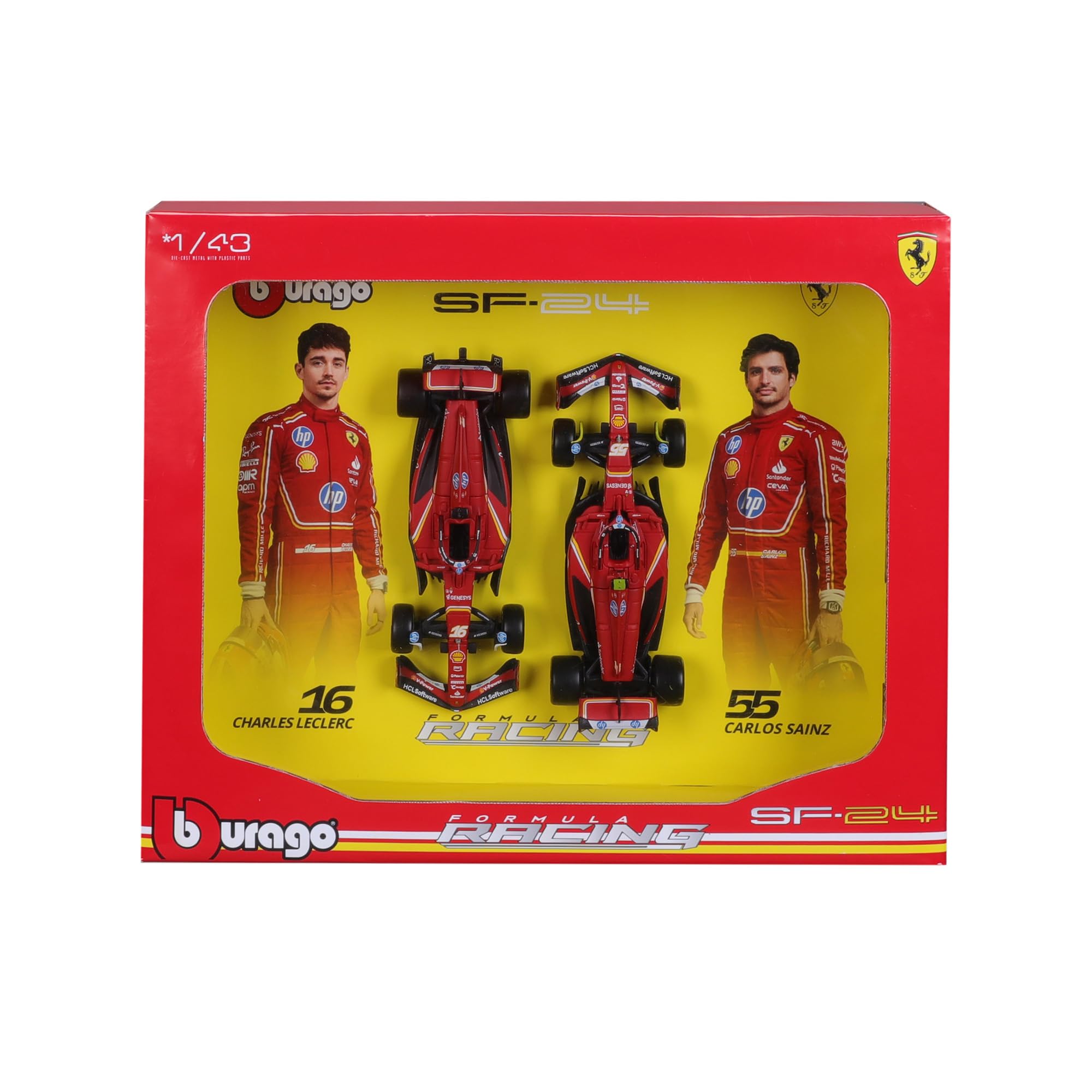 BBURAGO Ferrari SF-24 F1 Imola Livery 2024 Leclerc #16 e Sainz #55, Set 2 Auto Diecast in Scala 1:43, Confezione Quadro Espositivo, Licenza Ufficiale Ferrari, Età Consigliata 14+ Anni