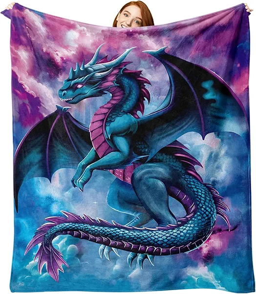 Paayna Blue Purple Dragon Flannel Throw Blanket, Birthday for Dragon Lover Kids Girls Boys Men Women, Funny Cloud Soft Blankets for Bedding Sofa 50 x 60 Inches