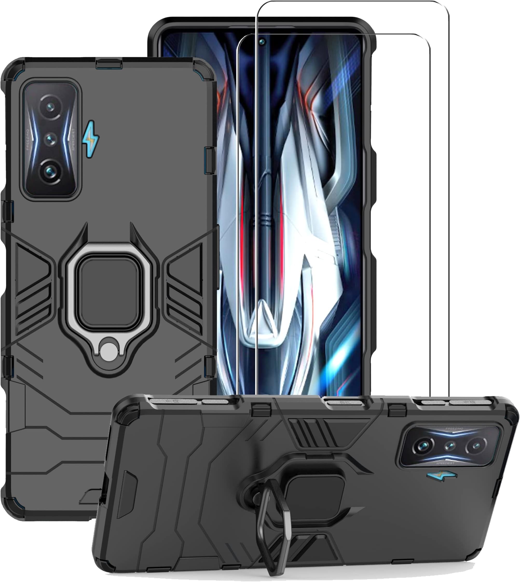 Chengmi ZMONE Phone Case for Xiaomi Poco F4 GT 5G Case with Glass Screen Protector [2 PACK] Heavy Duty Dual Layer Military Grade Shockproof Protective Cover with Magnetic Ring Kickstand - Black