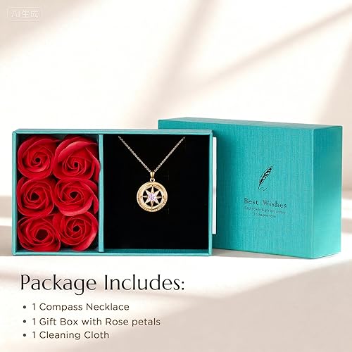 Vista 7 de NORBU Collar de brújula 925, regalos para mujer, esposa, piedra natal de circonita cúbica 5A, collar de brújula para mujer, joyería fina como