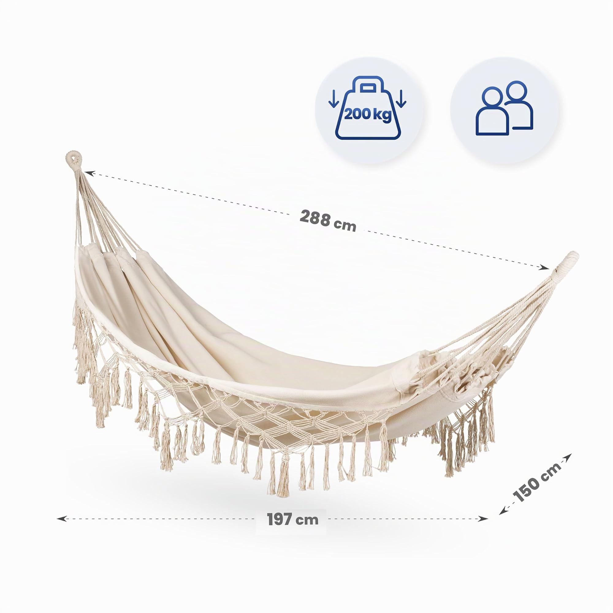 Amaca da Giardino in Cotone in Stile Boho - Capacità di Carico 200 kg - Durevole Amaca Portatile per Campeggio, Giardino, Patio, Cortile - Interno/Esterno