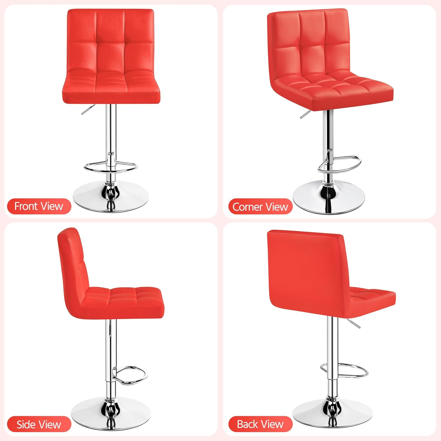 Yaheetech Bar Stools Set of 2, Adjustable PU Leather Swivel Barstools, Modern Counter Stools with Back and Footrest, Counter Height Barstools for Bar, Kitchen, Dining Room, Red