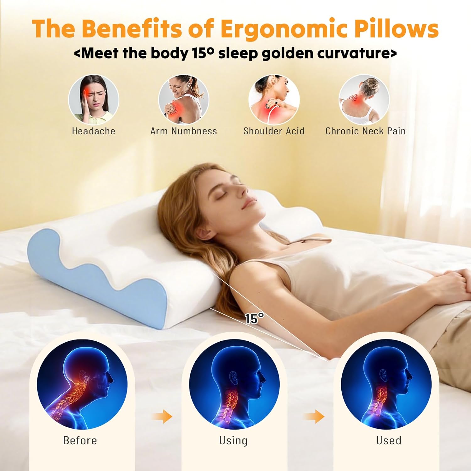 NEWBULIG Memory Foam Cervical Pillow for Neck Pain Relief, Ergonomic Contour Pillow, Cooling Breathable Cover for Side Back Stomach Sleepers, Deep Sleep, Washable Cover, White-Light Blue