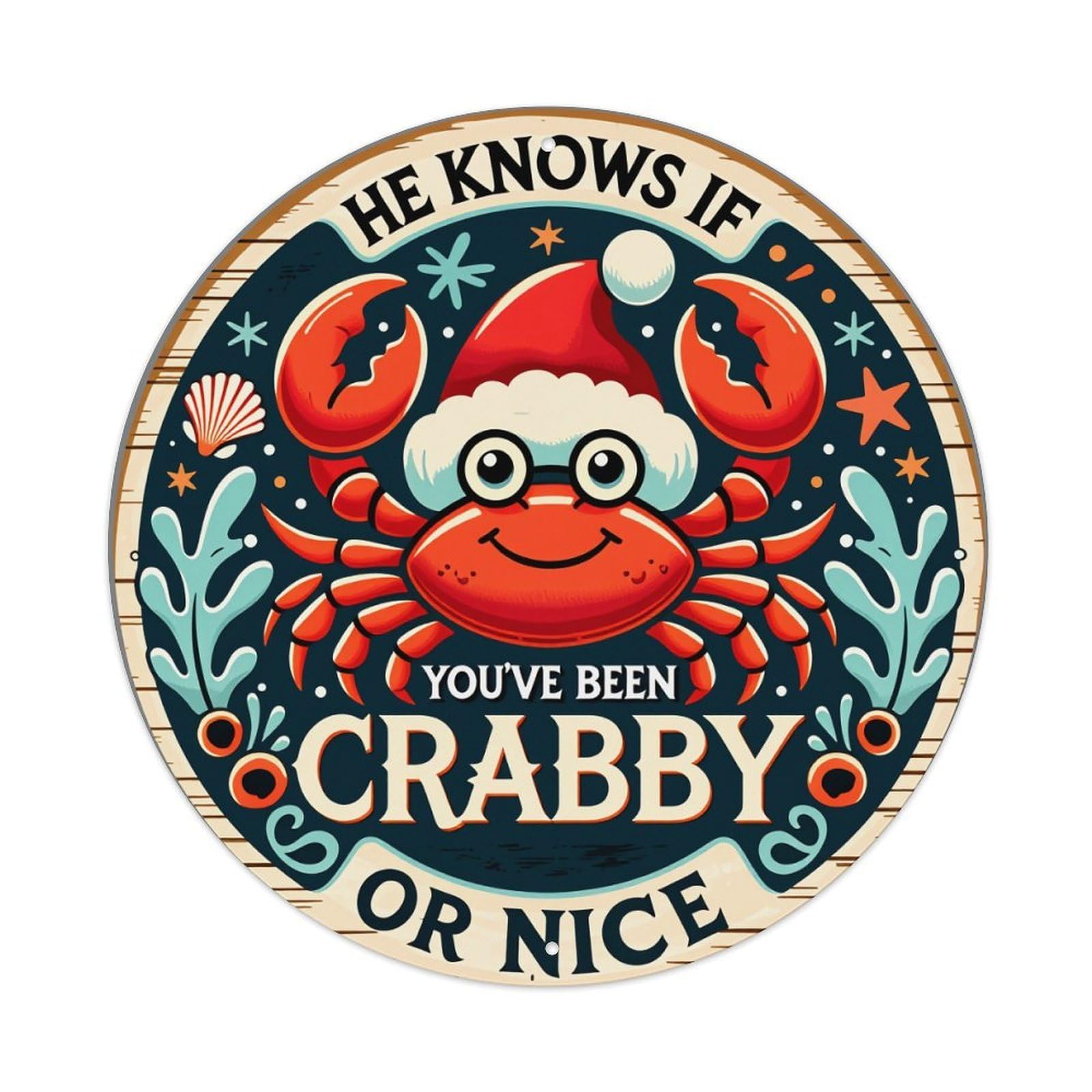 Crab Santa Christmas Sea Theme Round Tin Sign Vintage Style Metal Sign Home Bar Garden Wall Plaque Decor Metal Poster 8x8 Inch