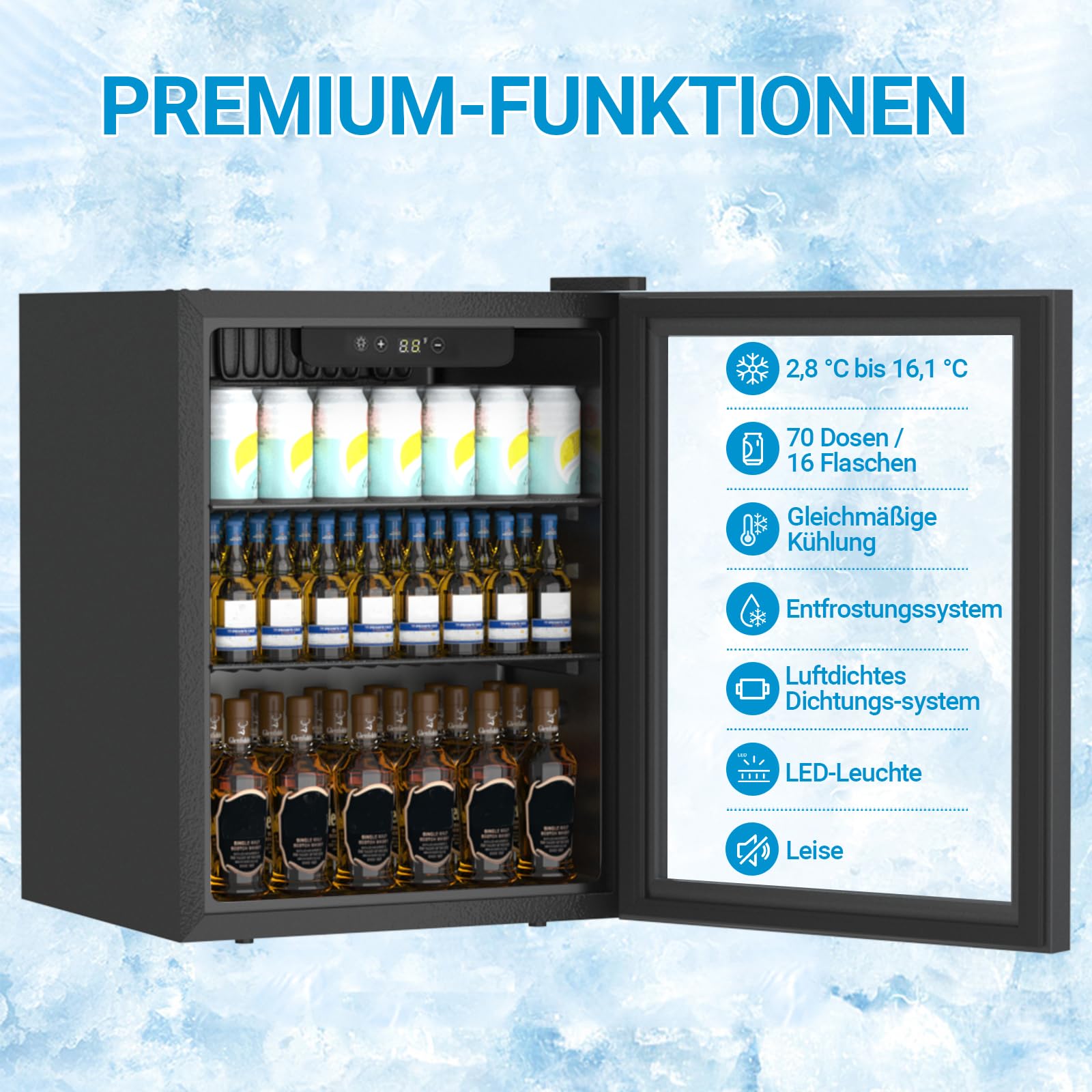 Mini-Bar 50L Réfrigérateur à Boissons Autonome 70 Canettes Porte Transparente Clayettes Réglables Écran Numérique