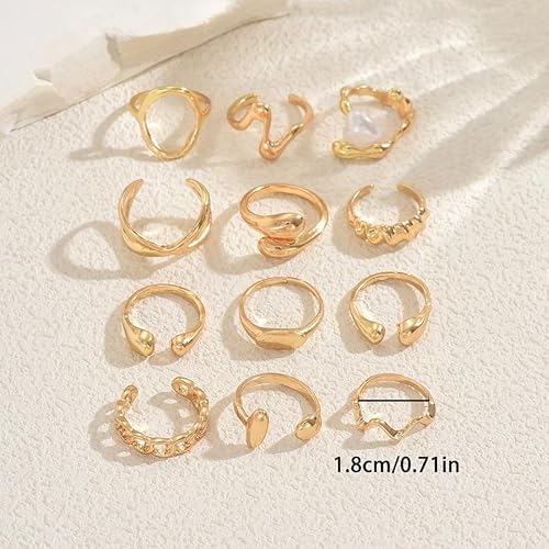 Miniatura 5 de Juego de anillos abiertos irregulares dorados para mujer, 12 anillos de metal fundido ajustables, juego de joyas apilables artísticas vintage Y2K