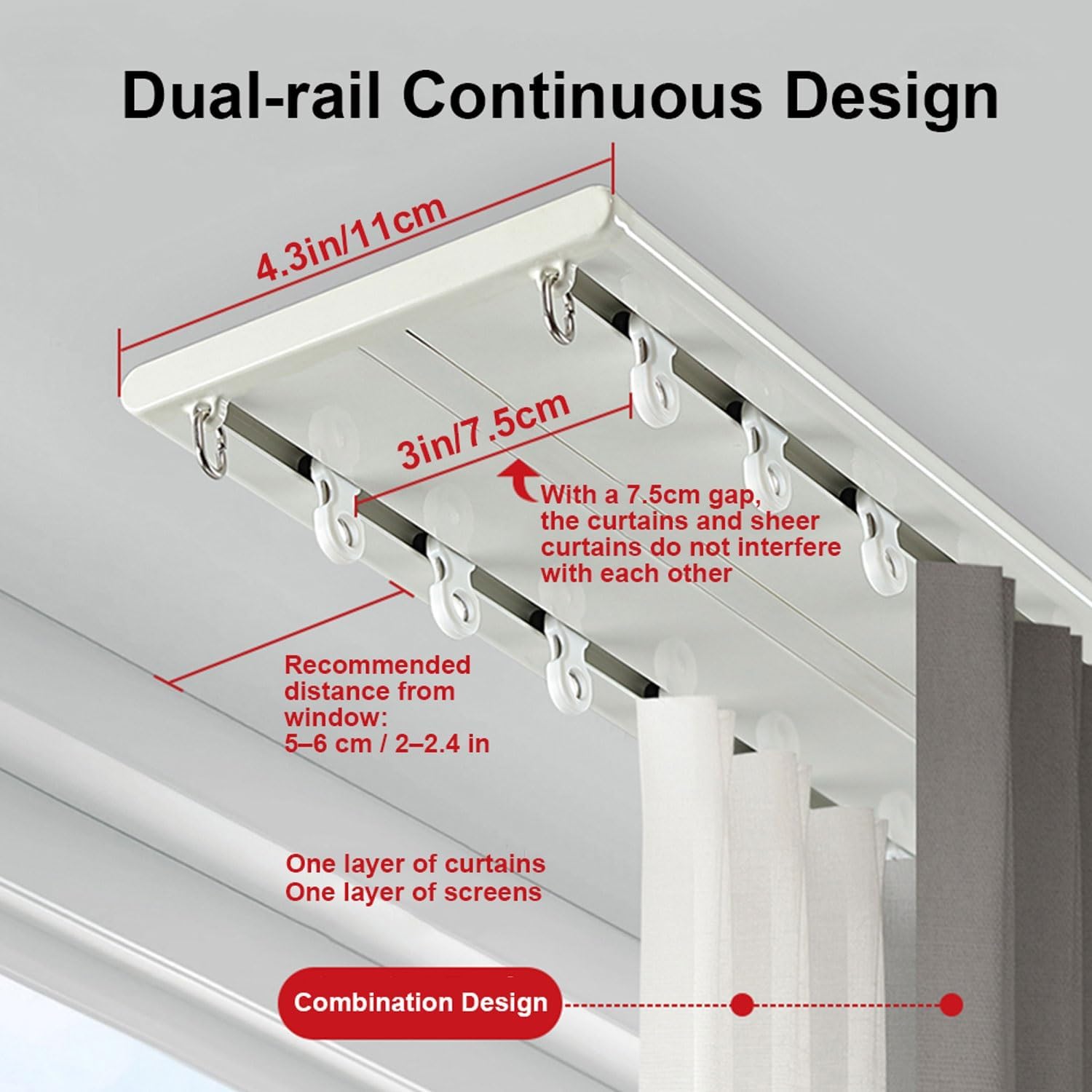 Aluminum Curtain Track 2-Layer with Silent Rollers Flexible for Bunk Beds & Bay Room Divider Straight Design White 2.6ft (0.8m)