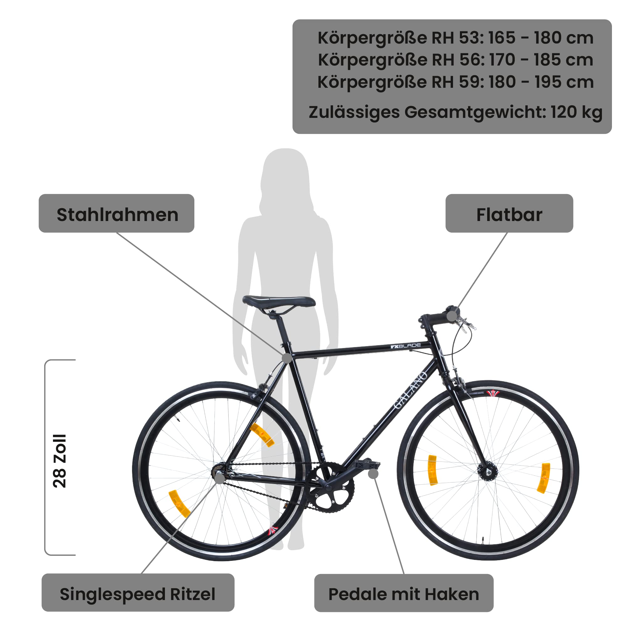 Galano Blade Fixie Bike für Damen und Herren 165-195 cm Singlespeed Fahrrad Retro 28 Zoll viele Größen Urban Bikes mit Flipflop Nabe Rennrad City
