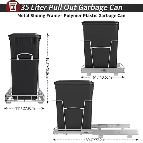 Miniatura 6 de Maltenl Bote de basura extraíble debajo del gabinete, el kit de cubo de basura extraíble incluye un bote de basura de cocina de 9 galones con tapa,