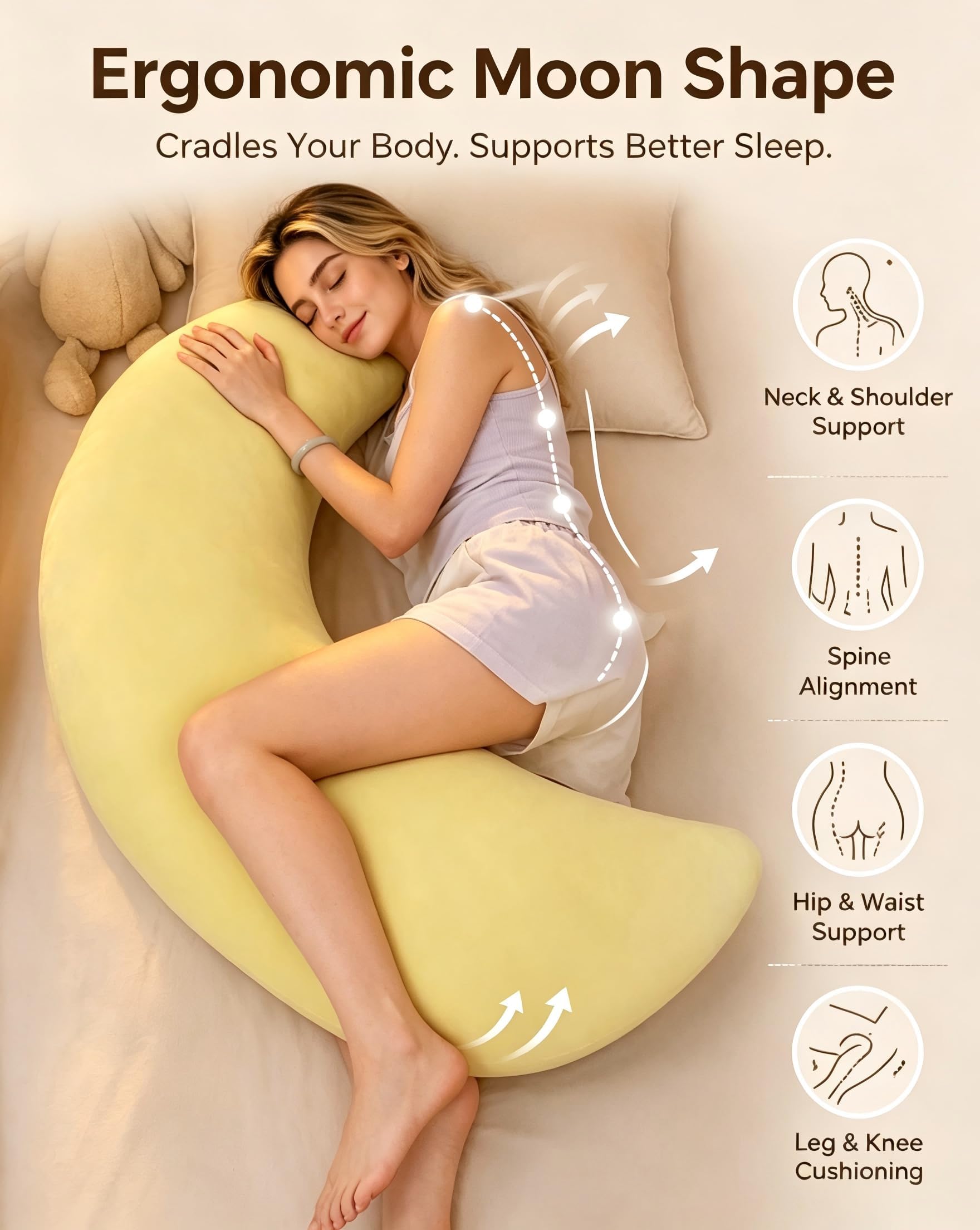 Moon Body Pillow, Giant Moon Sleep Spoon C-Shaped Body Pillow (Light Yellow)