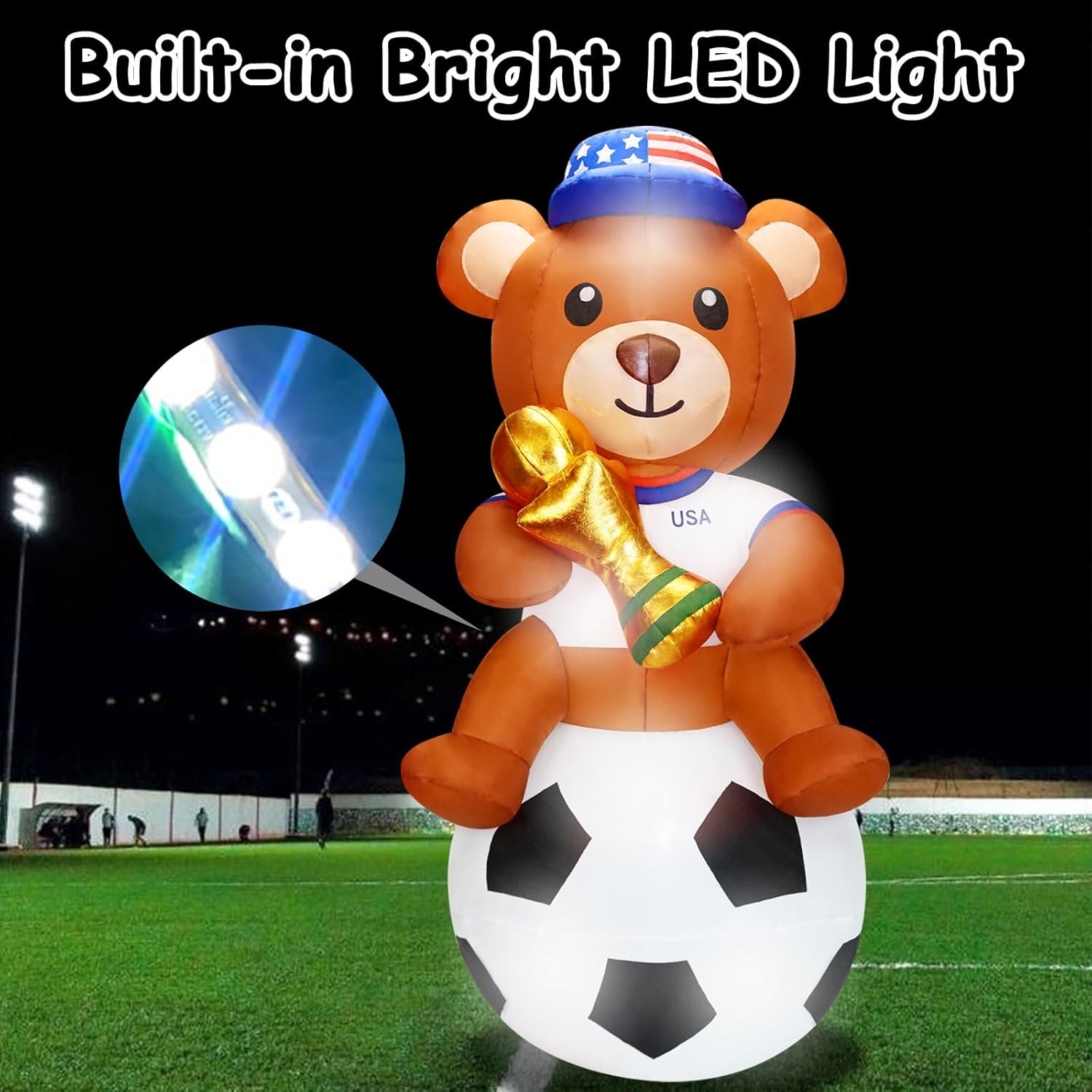 6FT Inflatable Teddy Bear Sitting On Soccer Ball Outdoor Decorations with Built-in LED Light, Blow Up Bear with Trophy & Football for Themed Party, Yard, Lawn, Garden, Game Day, Tailgate
