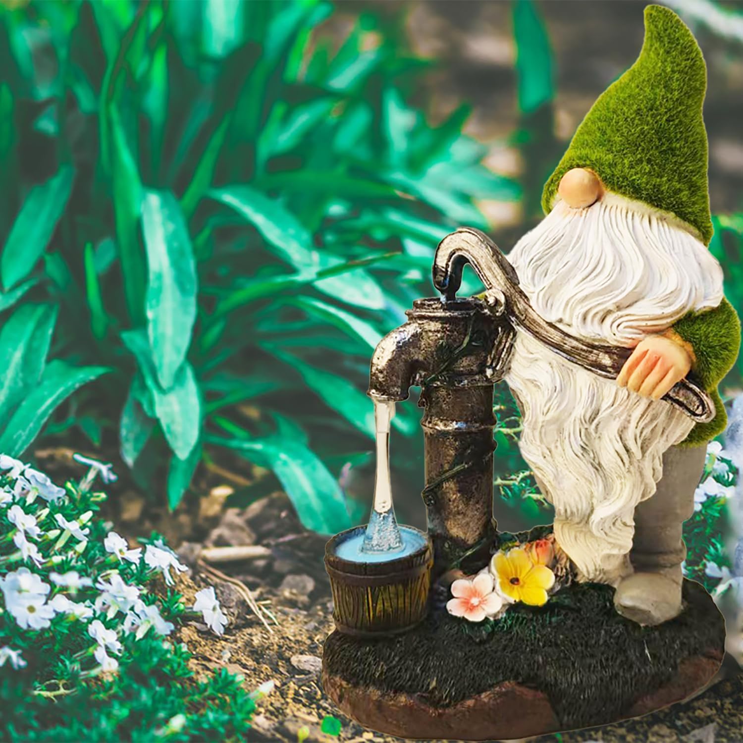 Garden Gnome Statue with LED Light – 11'' Resin Dwarf Fetching Water Figurine for Indoor & Outdoor Decor – Cute Spring Gnomes Decoration for Yard, Patio or Home
