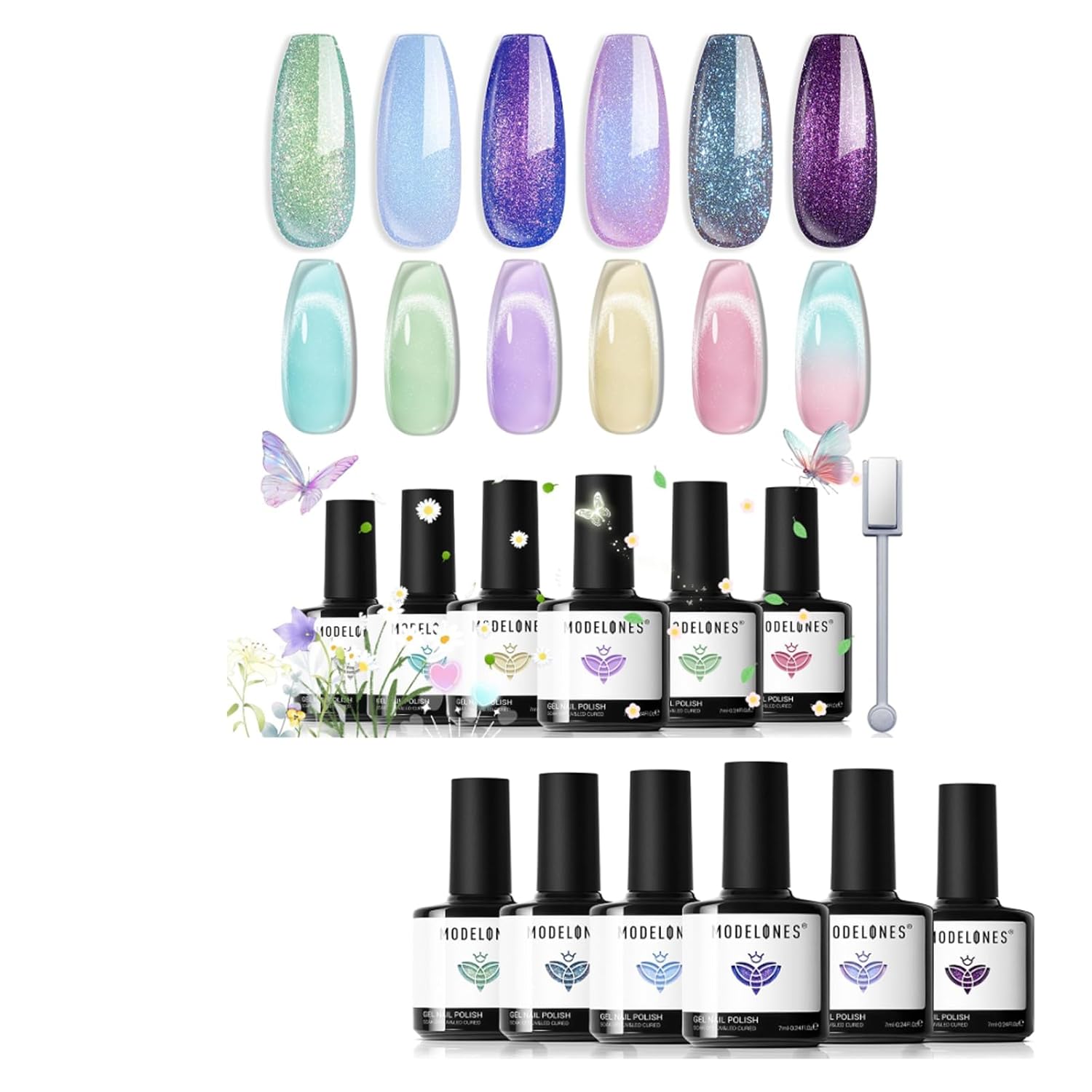 modelones Chameleon Gel Nail Polish Set- 6 Colors+ 6 Colors Silver Cat Eye & Jelly Gel Polish