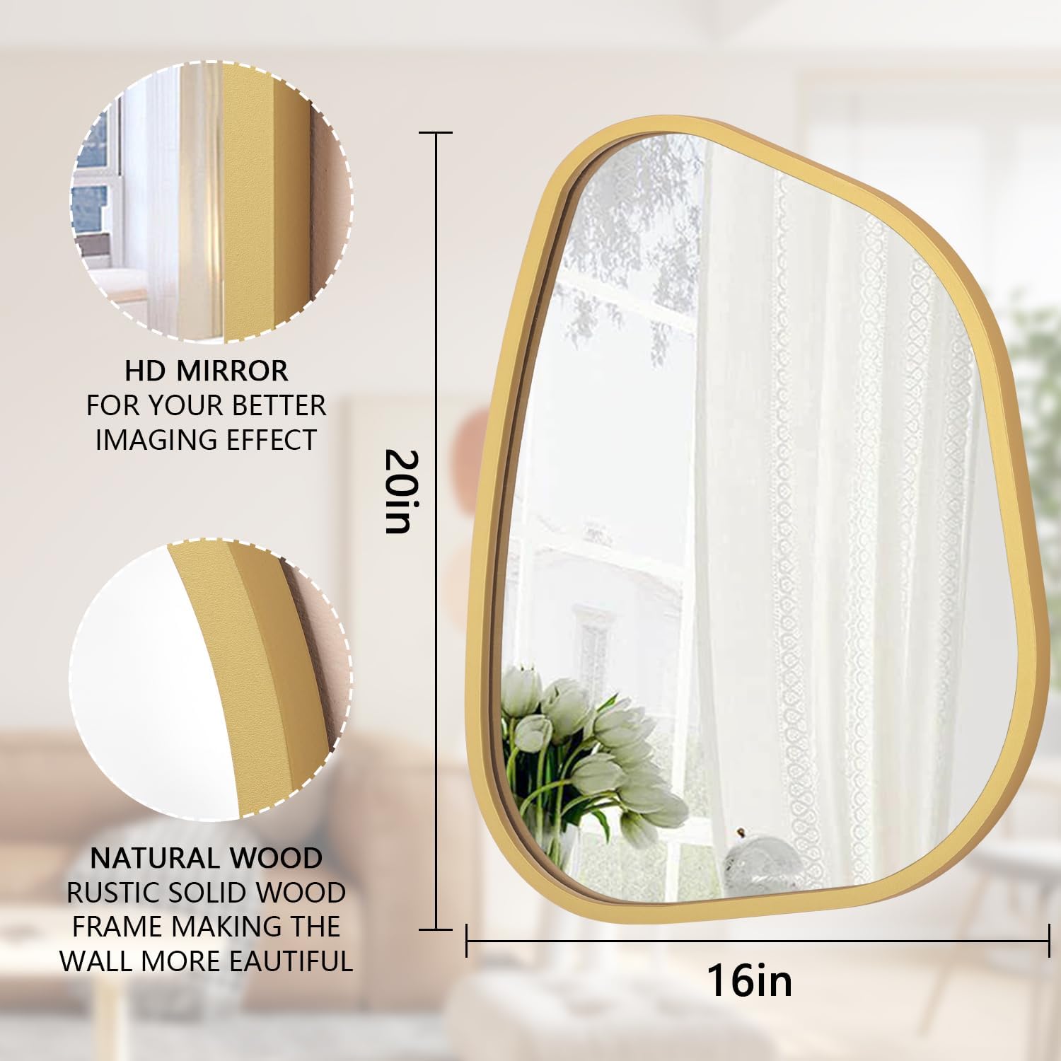 Gold Asymmetrical Mirror Large 20"x16" Irregular Oval Wall Mirror Modern Wood Frame Unique Shape Wall Mounted Vanity Artistic Mirror Decorative for Living Room Bedroom Bathroom Entryway