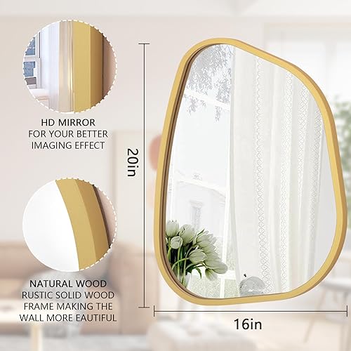 Miniatura 245 de Espejo de pared irregular de 26 x 18 pulgadas, espejo de baño grande asimétrico con marco de madera, espejos decorativos artísticos modernos