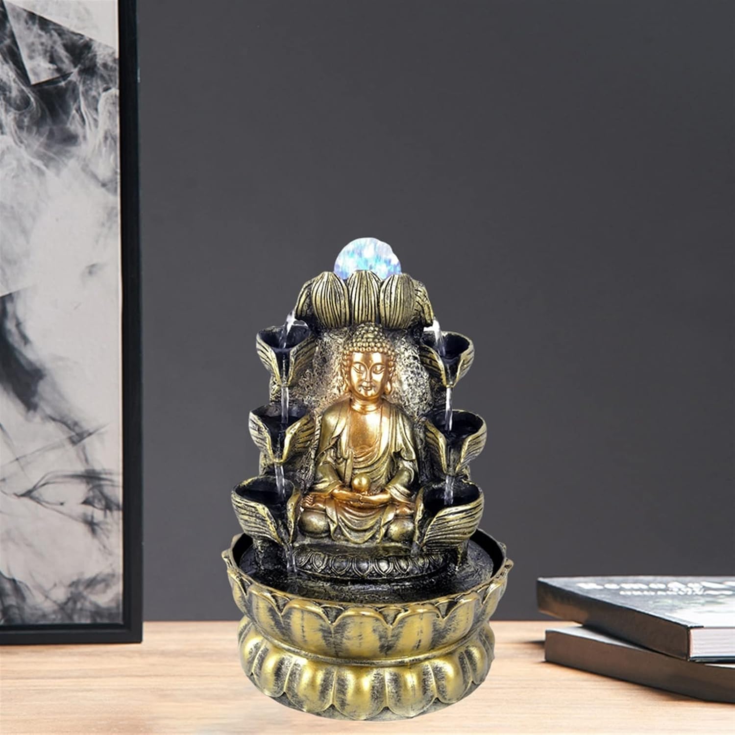 Tabletop Fountains Desktop Fountain Indoor Buddha Statue Fountain Living Room Lucky Waterfall Decorative Fountain Retro LED Crystal Ball Tabletop Fountain Indoor Tabletop Water Fountain