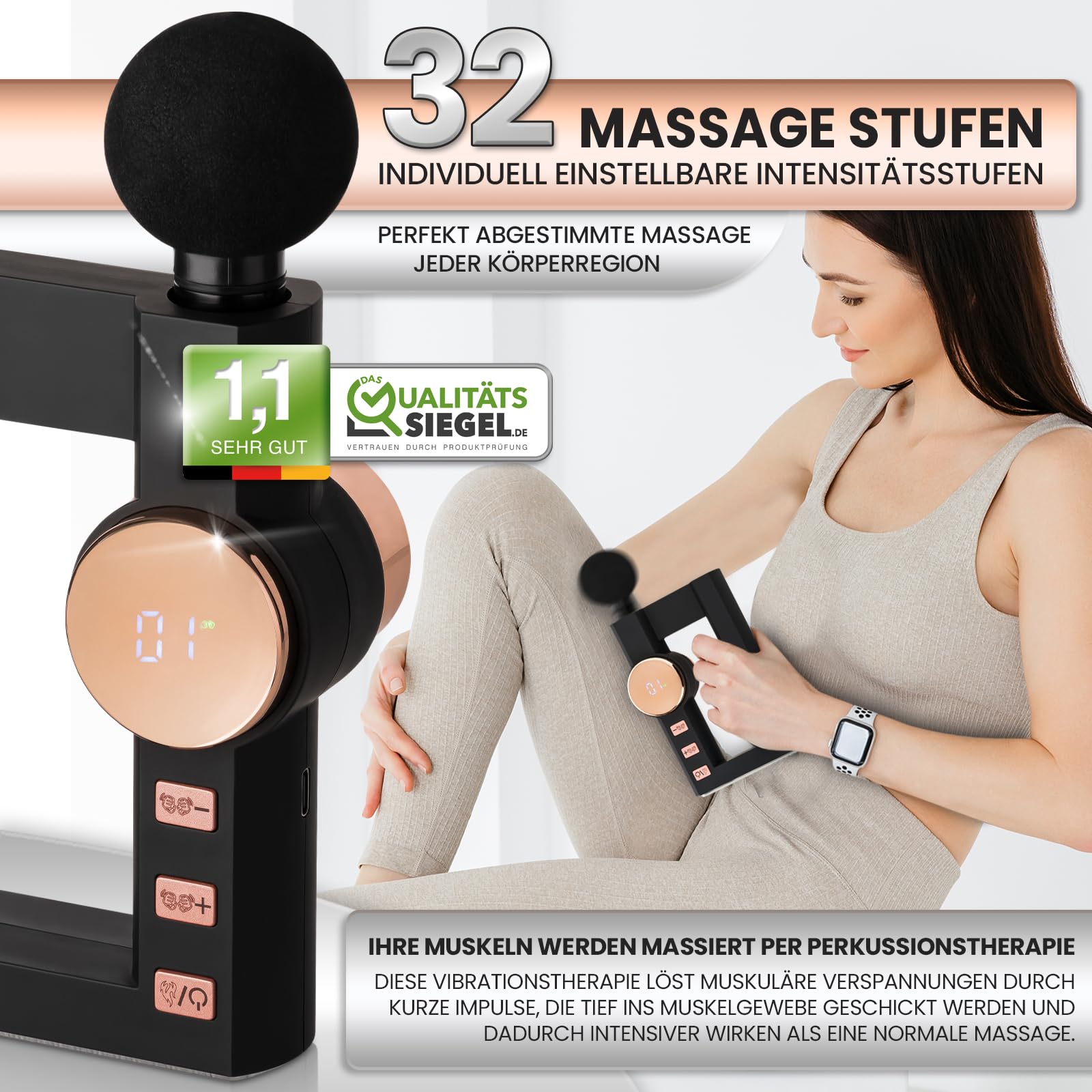 GRUNDIG Massagepistole Massagegerät mit TIEFENWÄRME - kompakte Akku Massage Pistole mit 4 Heizstufen und 32 Massagestufen für Zuhause, Büro und Unterwegs - Massage Gun für Rücken Nacken Schulter