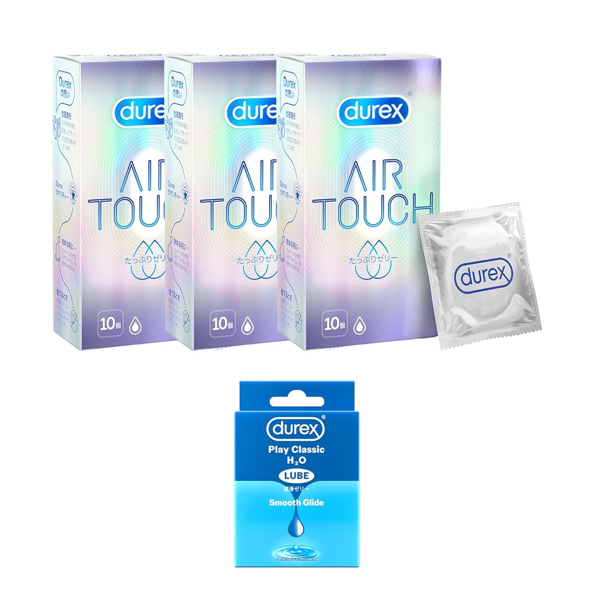 Durex デュレックス コンドーム エアタッチ たっぷりゼリー 10個入 3箱 ラテックス製 こんどーむ + 試供品付き(デュレックス 潤滑ゼリー フィール 5mL 3個入り)