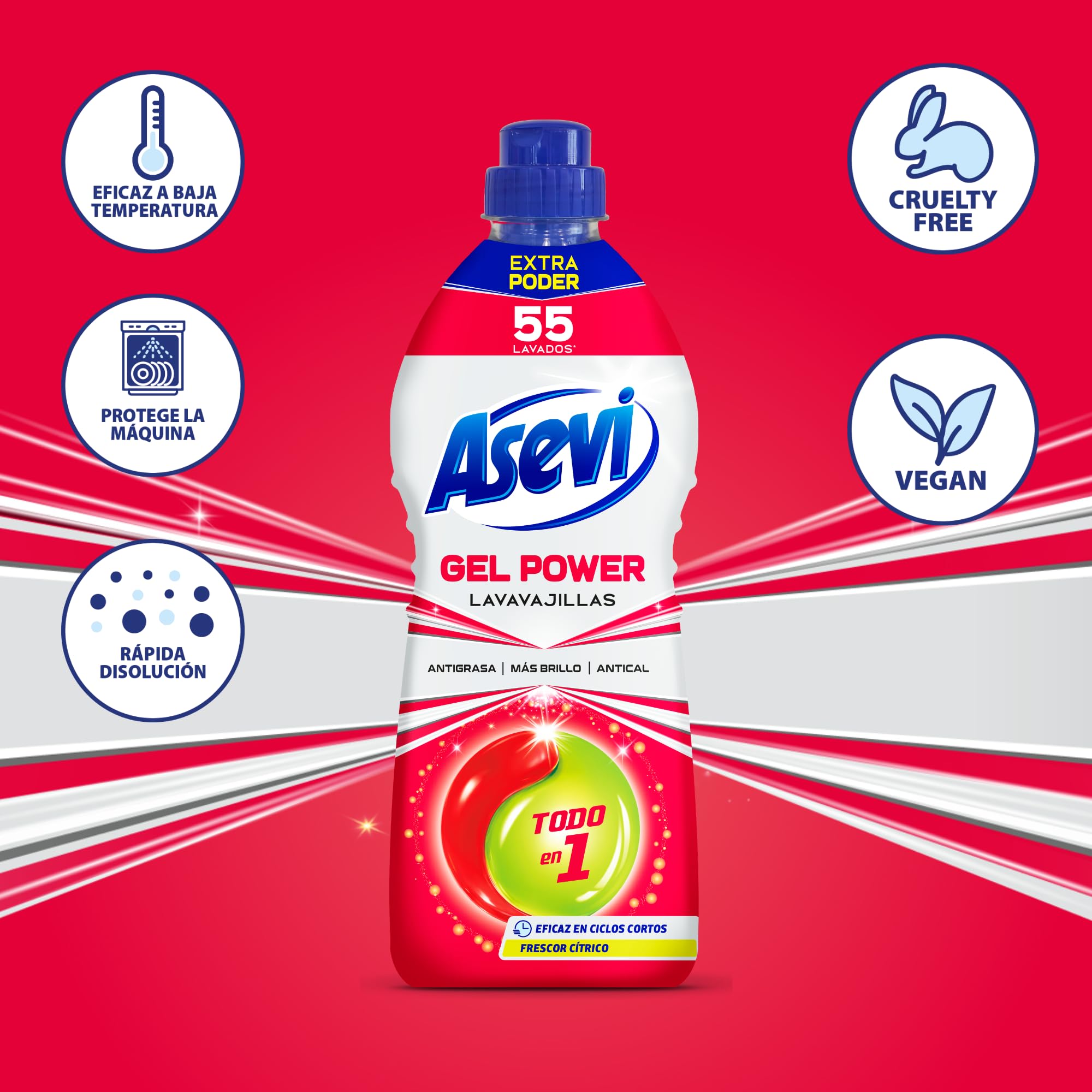 Asevi Lavavajillas Líquido Máquina Gel Power Todo en 1 55 Lavados Pack 10
