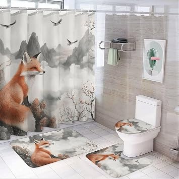 4Pcs Chinese Art Mountain Shower Curtain Sets with Rugs, Toilet Lid Cover and Bath Mat, Fox Animal Cherry Floral Bird Bathroom Shower Curtains Set with 12 Hooks