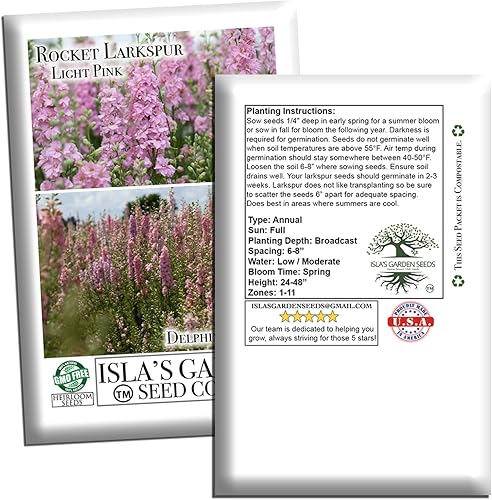 Miniatura 7 de Semillas de flor de cohete Larkspur rosa claro para plantar, más de 250 semillas por paquete, semillas de jardín de Isla, semillas sin OMG y