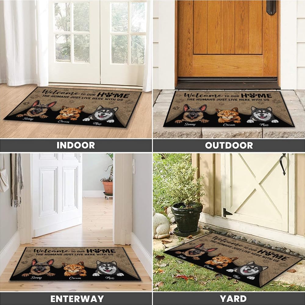 Personalized Dog Cat Doormat, Welcome to Our Home, Funny Dog & Cat Welcome Home Door Mat, Non Slip Indoor Outdoor Entrance Rug, House Decor