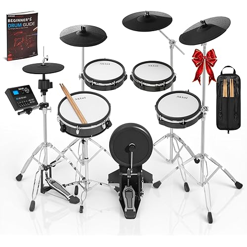 AKLOT Fully-Expandable Electric Drum Set: Independent Stand System, 12" Wooden Snare, Independent Hi-Hat and Triple-Zone Ride Cymbal, Mesh Bass Drum, 475 Sounds, Drum Sticks, Lesson Book (B-CORE546)