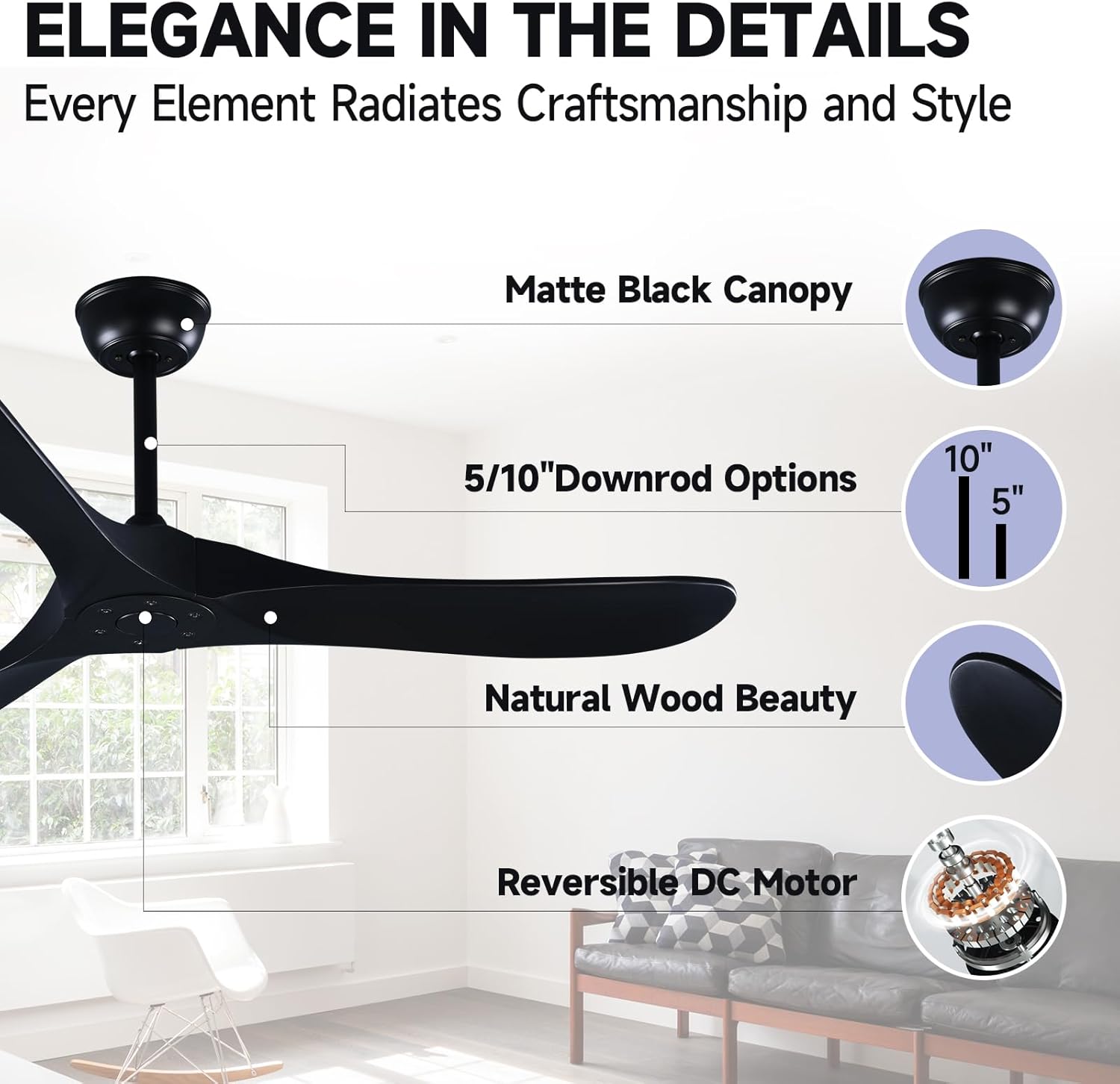 52 3 Blade Ceiling Fan Without Light, Farmhouse Rustic Wooden Flush Mount Ceiling Fan no Light with Remote for Indoor/Outdoor - High End Silent Operation, Black, 52 Inch