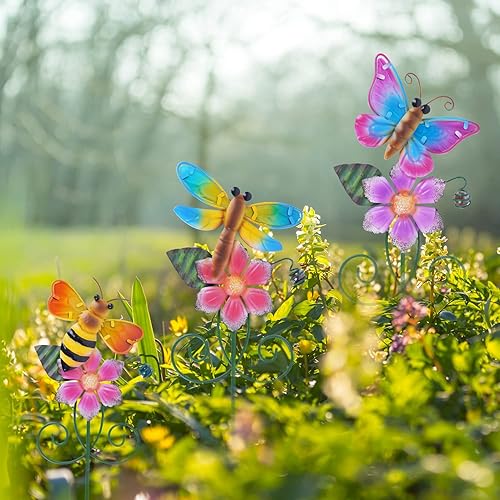 Miniatura 3 de Topadorn Juego de 3 estacas de jardín florales para exteriores, impermeables, de metal, para césped, patio, camino y maceta, juego de 3, abeja,