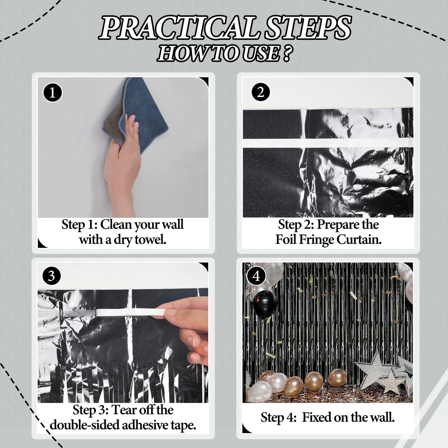 DECOCKRAT 3 Pack Foil Fringe Backdrop - Laser Black Shiny Tinsel Curtains for Party Decoration/Photo Booth Props - 3.3x8.2 FT Metallic Foil Backdrop for Birthday, Wedding, Graduation, Christmas.