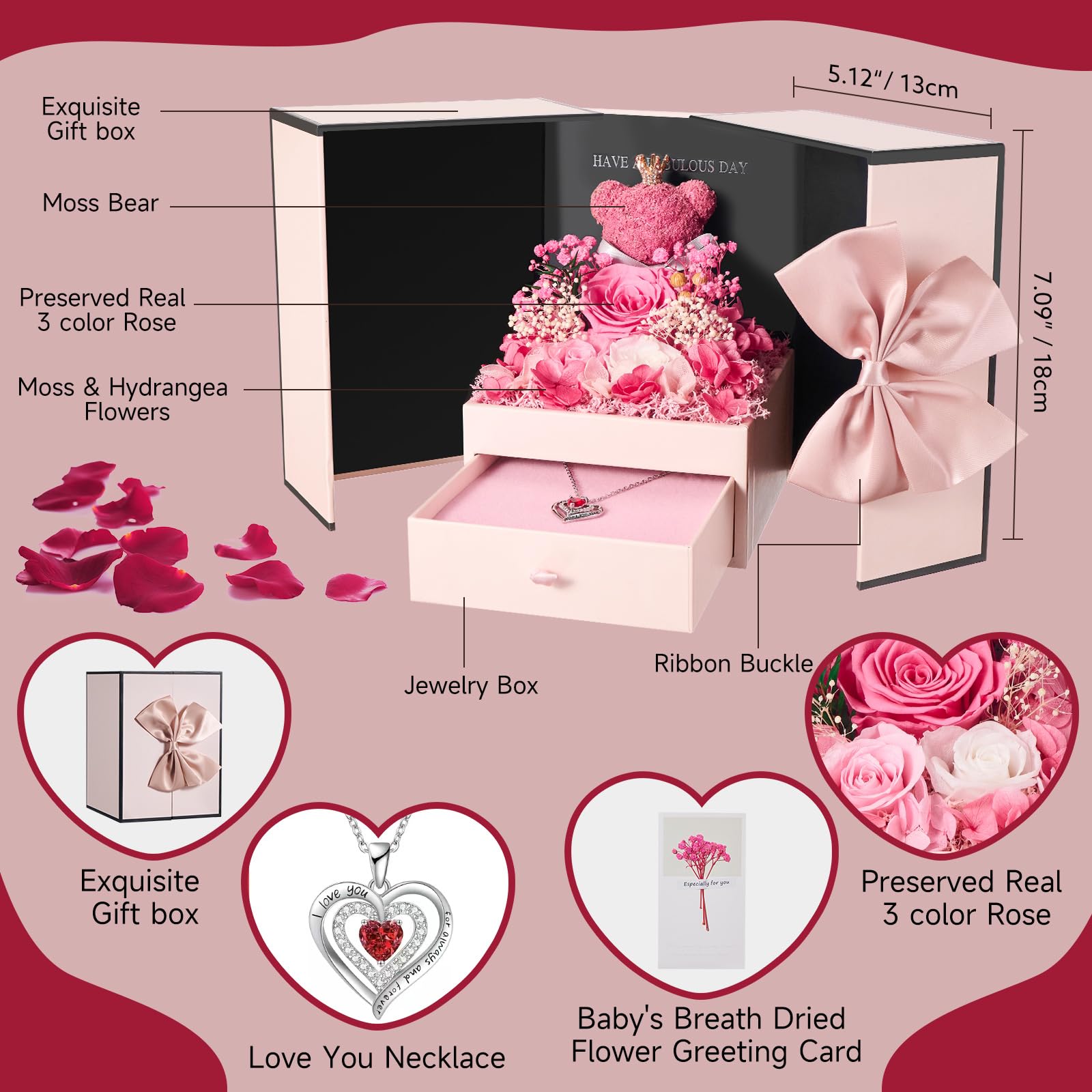 Rosa Eterna con Oso de Musgo para Mujeres, Flores Natural Preservada con Collar, Regalos de San Valentin Originales para Mujer Mama Novia, Caja Regalo Dia de la Madre, Aniversario, Cumpleaños, Navidad