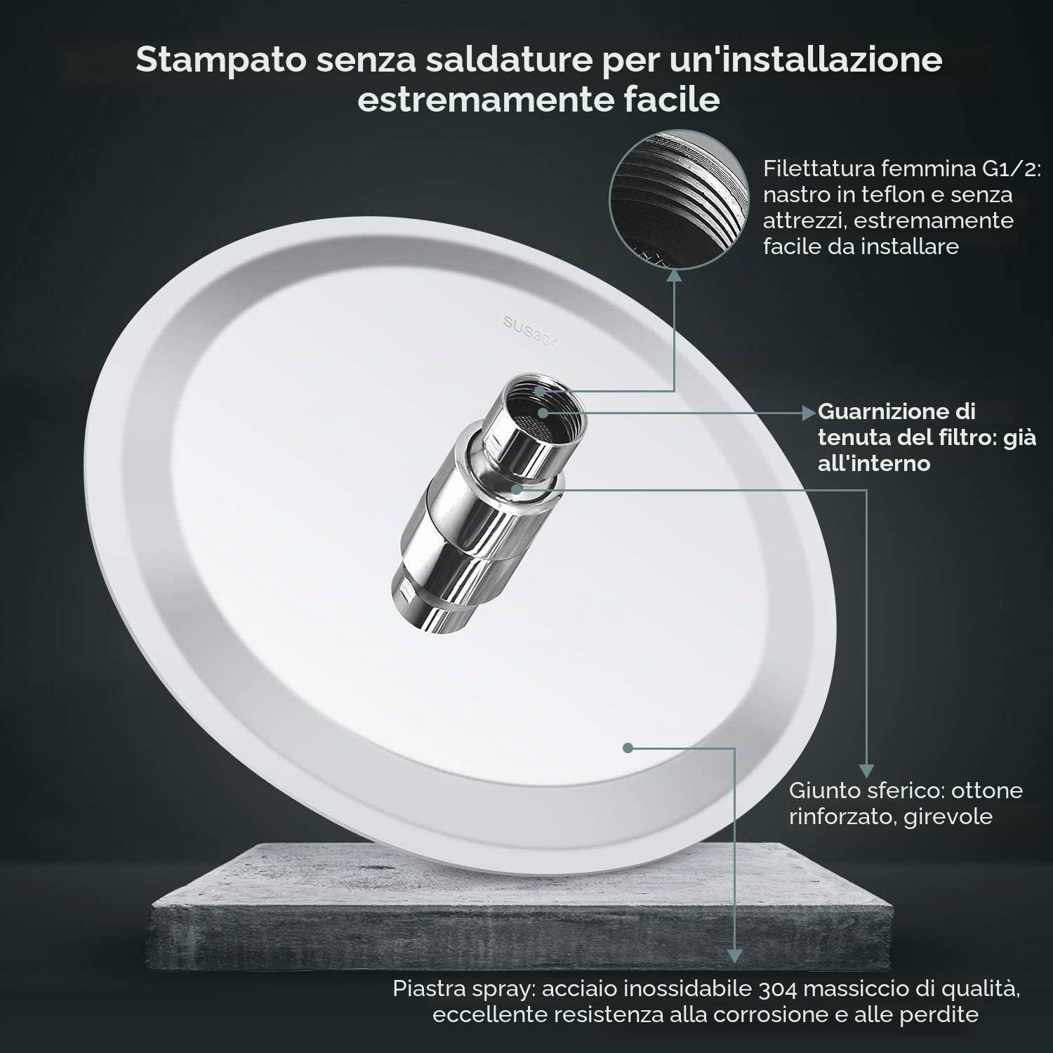 Soffione doccia a pioggia in acciaio inox AISI304, 12 pollici (30 cm)