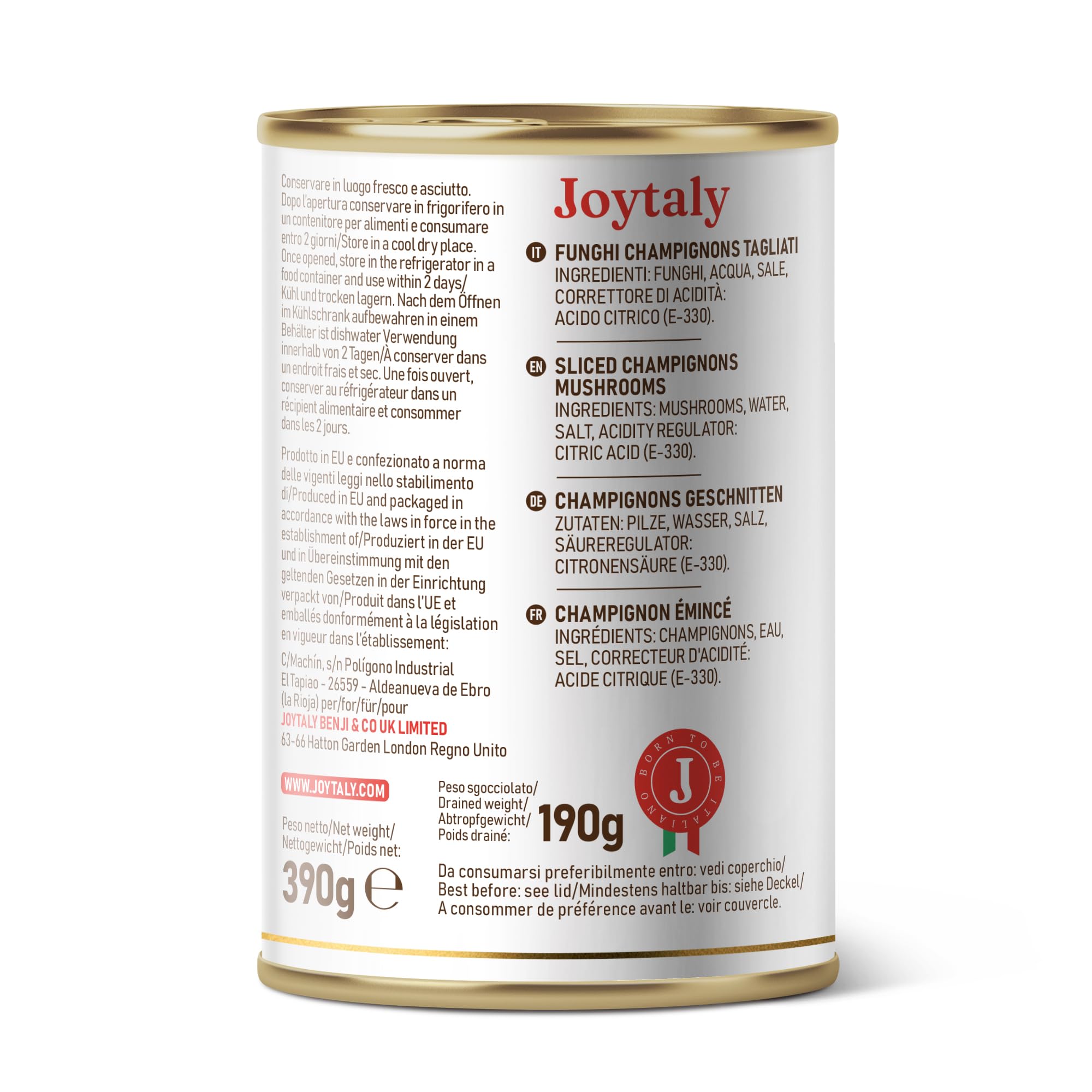 Joytaly Funghi Champignon, Confezione da 12 Lattine da 390g, Prodotto e confezionato 100% Italiano