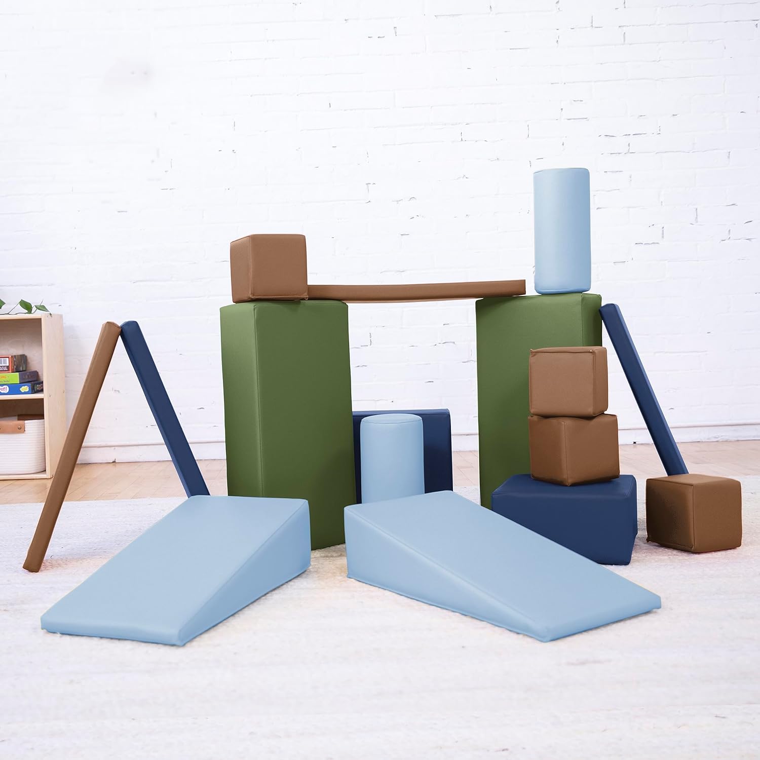 ECR4Kids SoftZone Builder Stacking Blocks and Shapes, Beginner Playset, Earthtone, 16-Piece