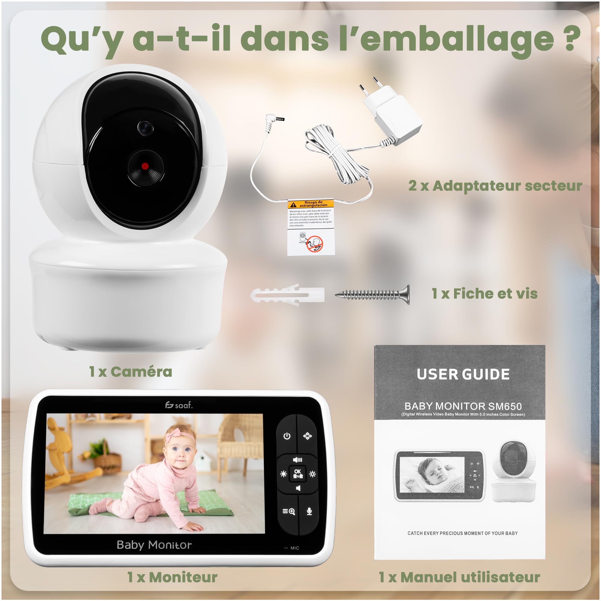 saaf Babyphone avec Caméra et Écran 5” – Caméra Orientable et Pivotante avec Fonction Zoom – Fonction Parler & Vision Nocturne – Berceuses Intégrées – Luminosité Réglable – Support Flexible Inclus