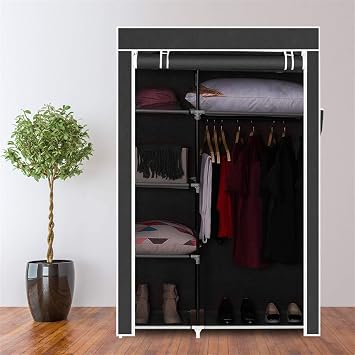 BNSPLY 64" Portable Closet Wardrobe, Freestanding Closet Wardrobe with Non-Woven Fabric, Closet Storage Organizer with 6 Shelves and 1 Clothes Hanging Rails 41.3" x 18" x 64", Black