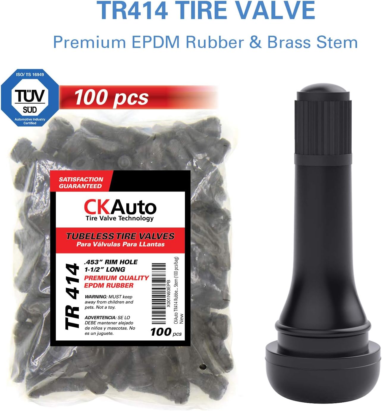 CKAuto TR414 Rubber Snap-in Tire Valve Stem (100pcs/bag)
