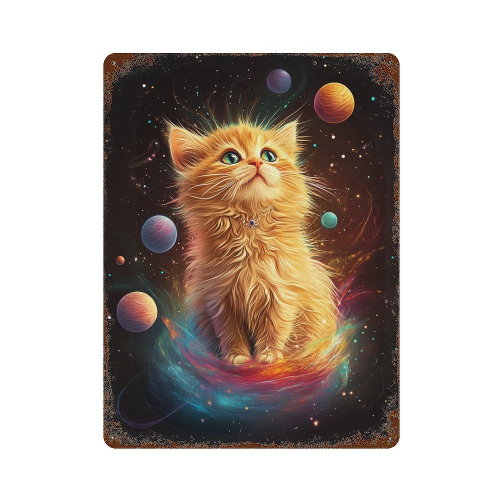 Cosmic Kitten Adventure Rust Effect Tin Sign 15.7"x11.8", Vintage Wall Decor for Garage, Pub Or Kitchen