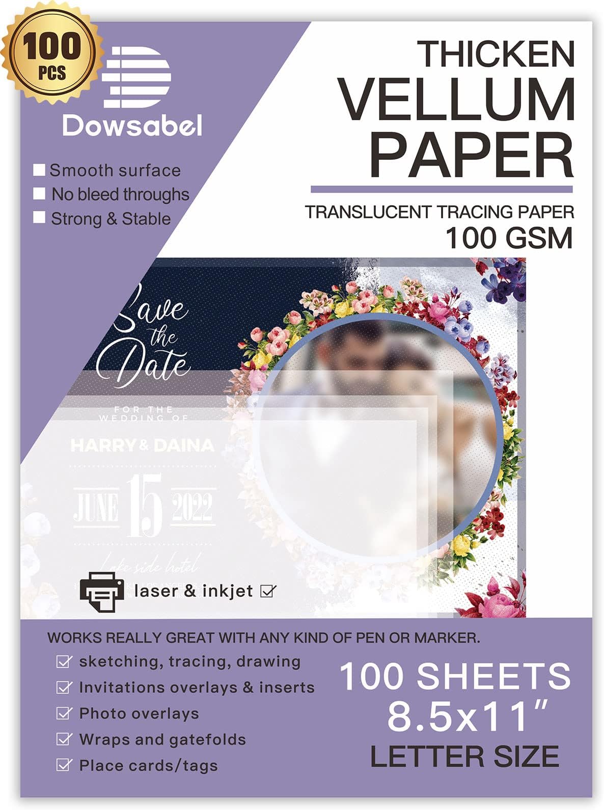 Dowsabel 100 Sheets Translucent Vellum Paper, 68LBS 8.5 x 11 inches Printable Vellums for Card Overlays, Invitations Belly Bands, Envelope, Lantern,100 Sheets