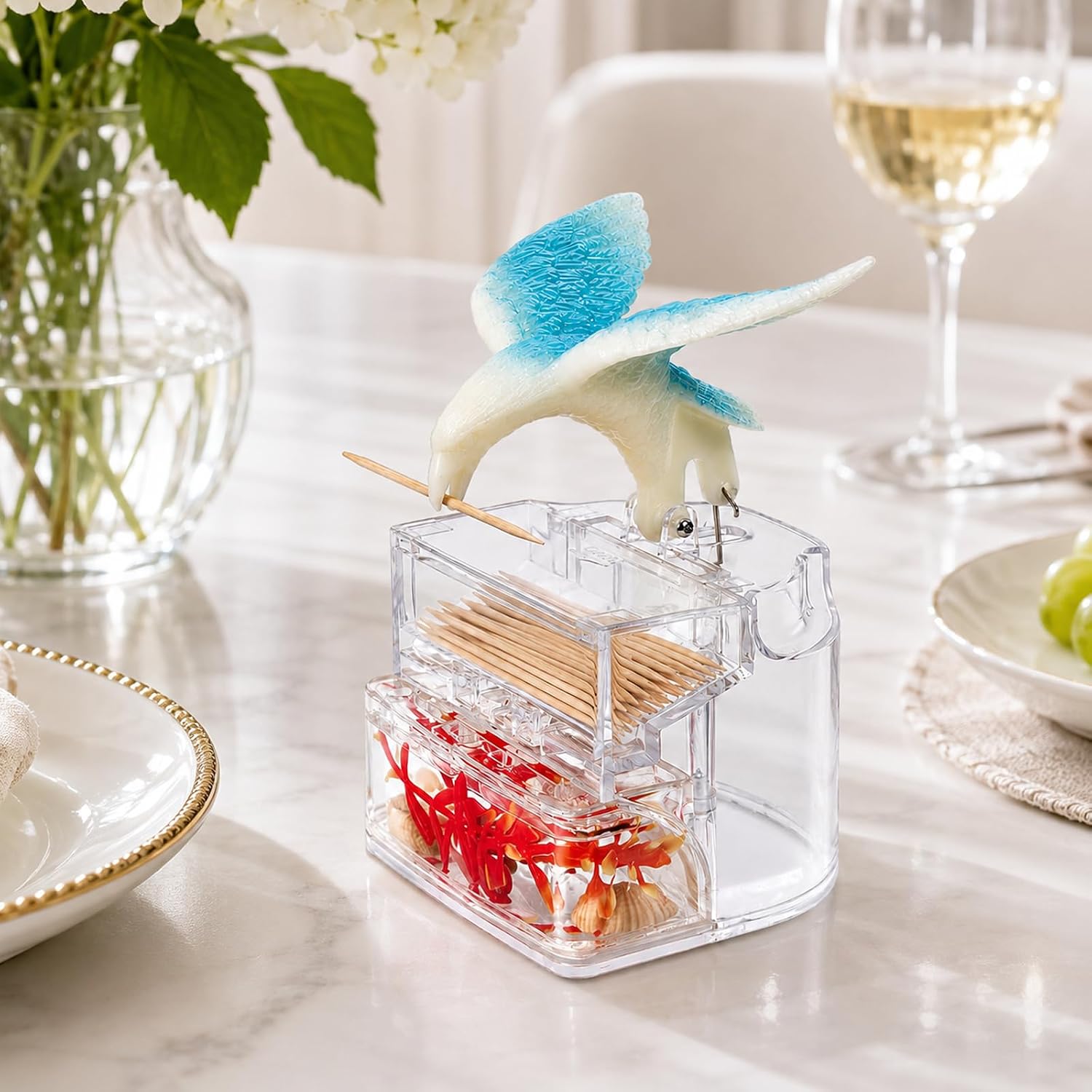 Bird Toothpick Dispenser, Cute Automatic One-Press Toothpick Holder, Clear Refillable Dispenser for Kitchen, Dining Table, Restaurant, Office Desk (Blue, Bottom Flowers Random Color) image 3