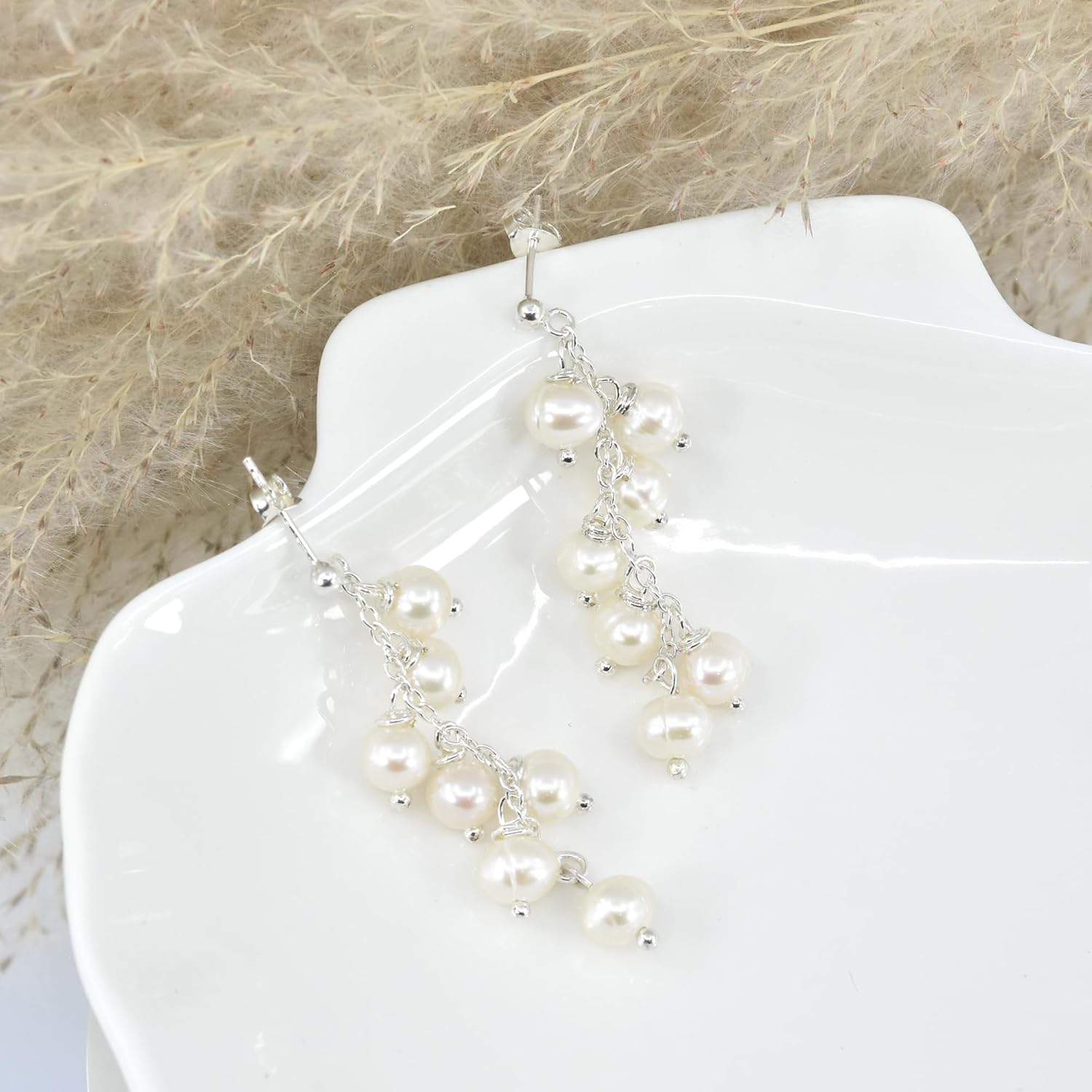 AeraVida Enchanting White Cultured Freshwater Pearls .925 Sterling Silver Post Dangle Earrings | Elegant Pearl Drop Earrings for Women | Timeless Silver Jewelry - Image 3