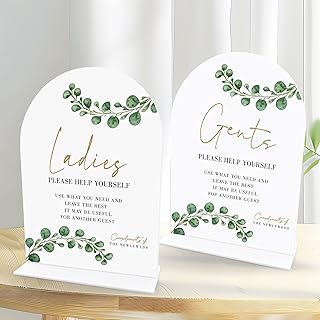 Acrylic Wedding Bathroom Favors Sign 6.5 x 9 Inch, Wedding Bathroom Basket Supplies Signs Ladies & Gents, Eucalyptus Wedding Signs, Help Yourself Sign, Party Events Basket Supplies Sign-ACRWS15